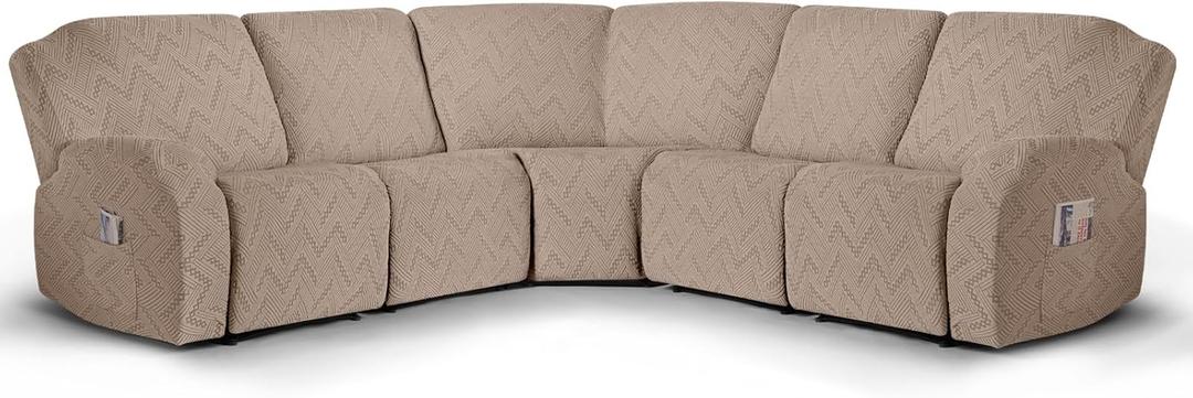 Ruaozz Sectional Sofa Covers Oversized L Shape 5 Seat Recliner Couch Covers - Washable Soft Extra Large Sectional Covers with Pockets (Khaki)