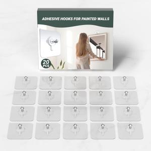 Picture Hangers Without Nails, Adhesive Wall Hooks for Bathroom,Bedroom and OfficePicture Hanging Hooks 13 lbs Load Max 20 Packs