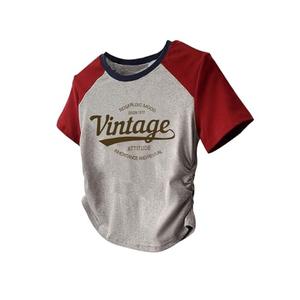 SweatyRocks Women's Color Block Letter Print T Shirt Crewneck Short Sleeve Vintage Summer Tops Grey Small