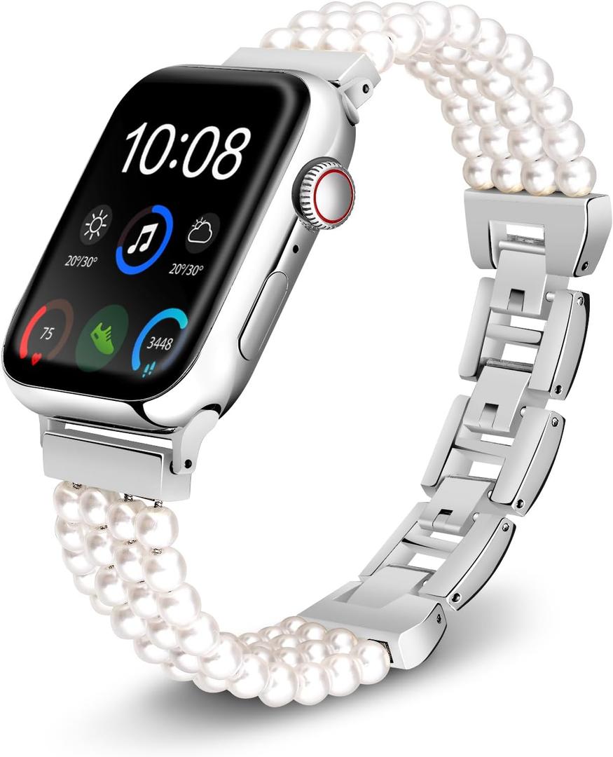 Pearl Bracelet Watch Band Compatible with Apple Watch Ultra SE Series 10 9 8 7 6 5 4 3 2 1, Stainless Steel Pearl Band for iWatch 38mm 40mm 41mm 42mm 44mm 45mm 49mm (Silvery)