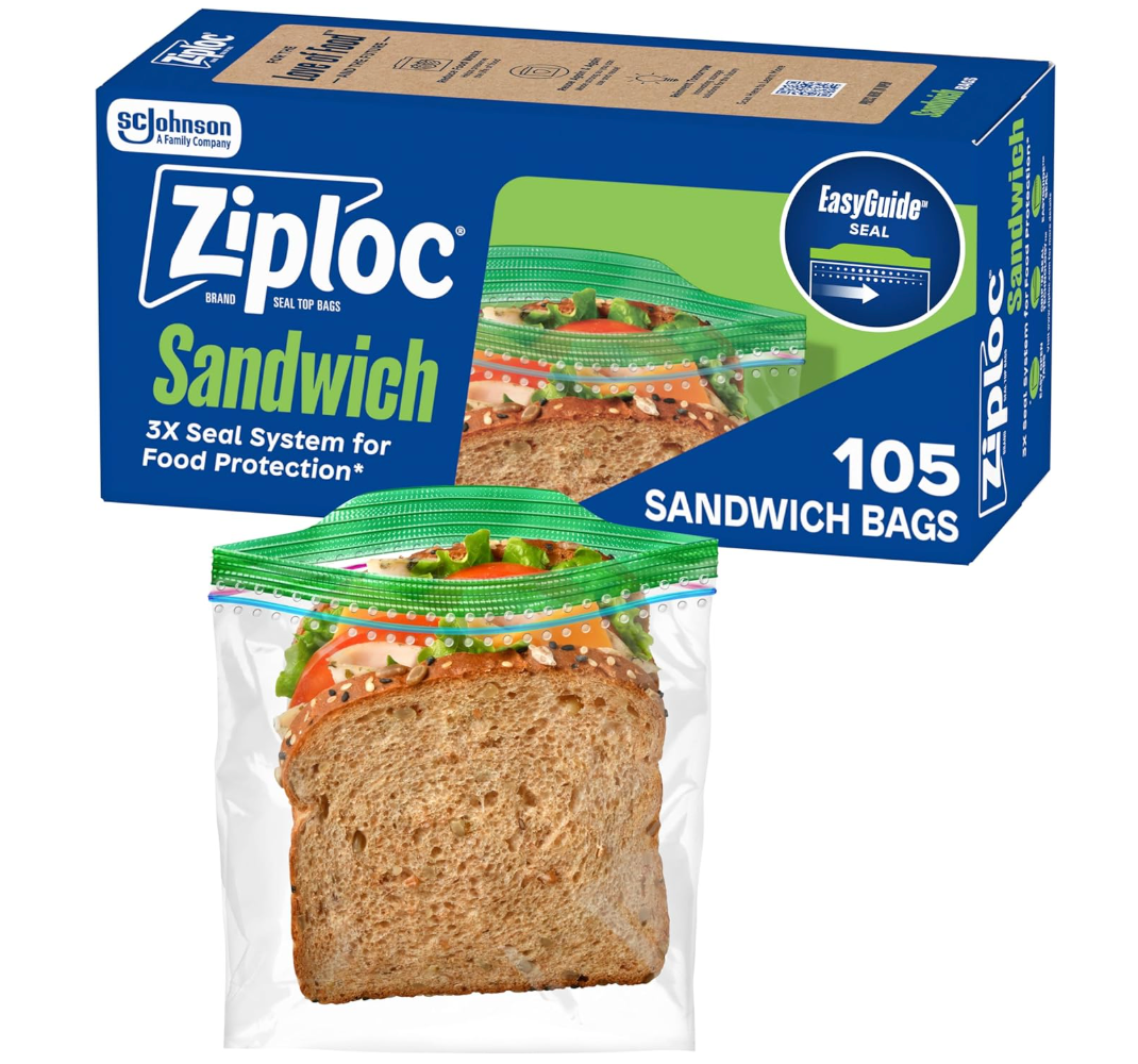 Ziploc Sandwich and Snack Bags with EasyGuide Texture, Plastic Storage Bags with Grip 'n Seal Technology, 105 Bags Total
