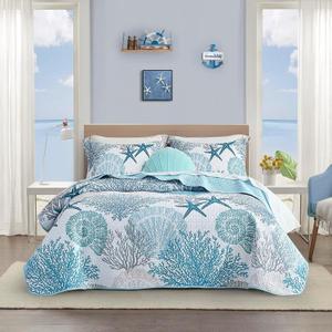 Tritard 3 Piece Coastal Quilt Sets King Size - Reversible Microfiber Quilts with 2 Shams Soft Lightweight Beach Bedding Nautical Bedspread Coverlet Summer Comforter Set for All Season, 106''x96''