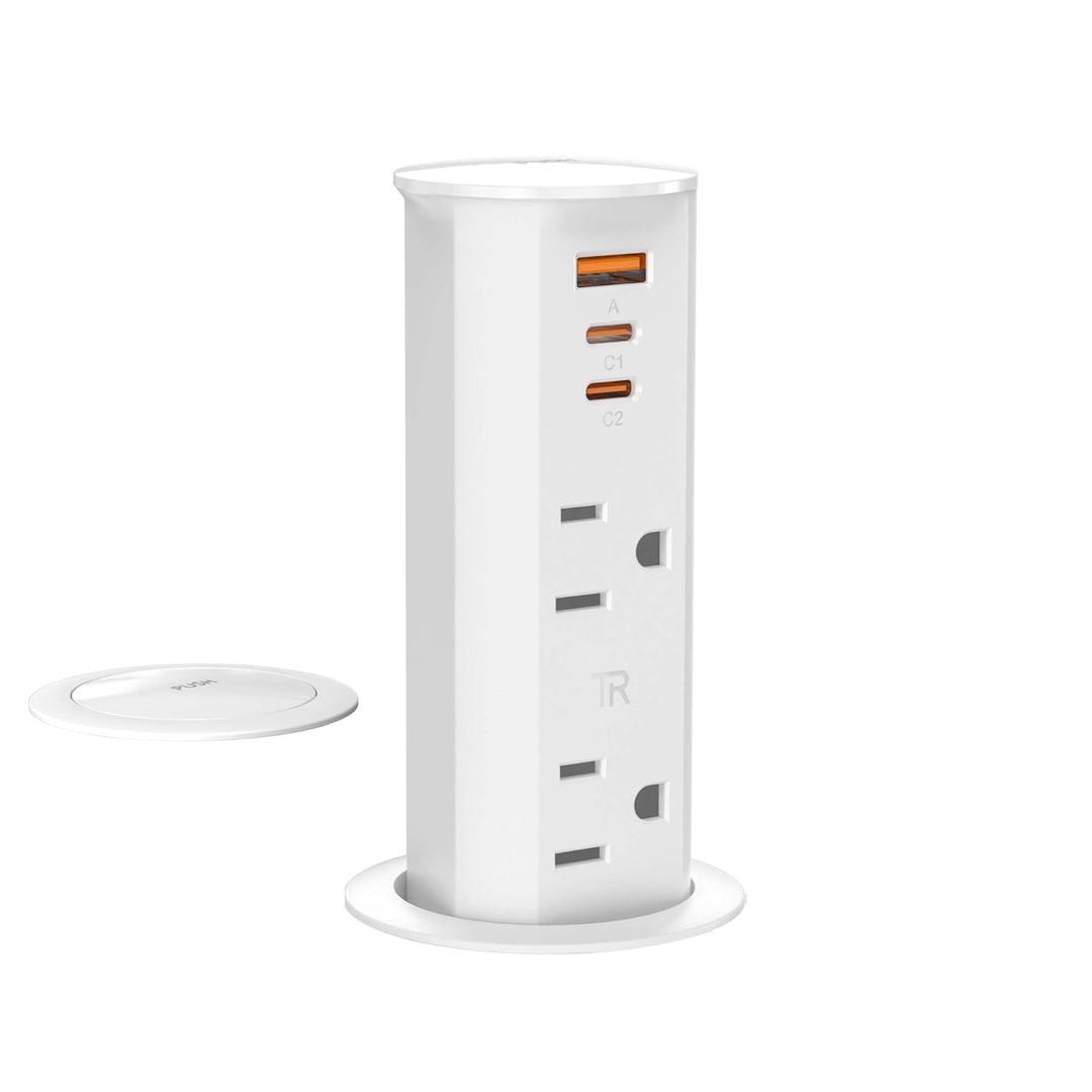 ANNQUAN 2 inch Space Saver Pop Up Outlet for Countertop with PD20W USB Ports,2 Outlets Tamper Resistant,Splashproof Pop Up Socket,Desk Power Grommet for Home Office Kitchen White (ETL Listed) (6ft Cord)