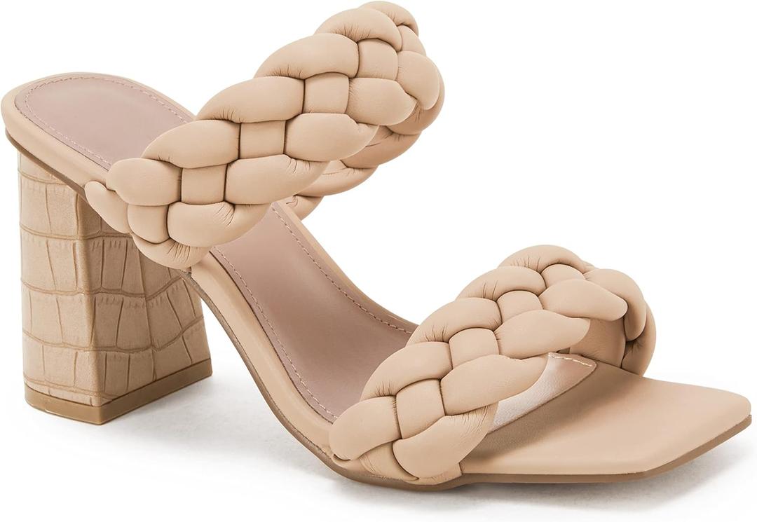 Syktkmx Women's Braided Heels Sandals Chunky Block Heel Double Strap Summer Dressy Sandal (5.5, Light Khaki)