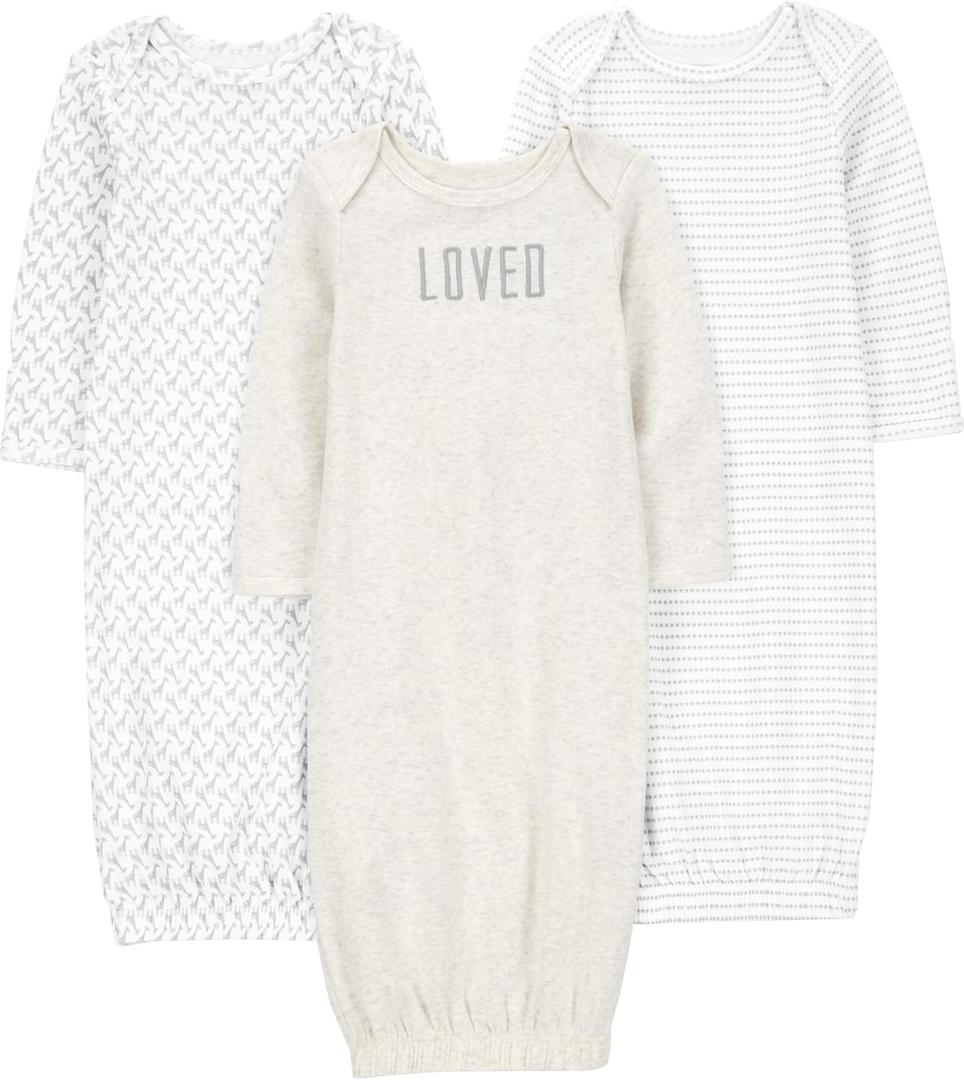 Simple Joys by Carter's unisex-baby 3-pack Neutral Cotton Sleeper Gown (Newborn, Grey/White) 0M