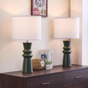 24.75" Green Lamps Set of 2 for Living Room, Ceramic Green Table Lamps for Bedroom Set of 2, Dark Green Bedside Lamp for Nightstand, Retro Table Lamp Set 2 for Buffet, Home Office