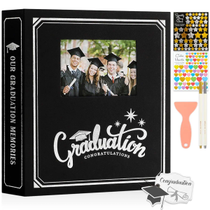 Lanpn Graduation Scrapbook Self Adhesive Photo Album, DIY Memory Scrap Book Grad Picture Album Sticky Magnetic Pages holds 4x6 5x7 8x10 A5 Picture (Large 40 Sheets/80 Pages, Black-Window)