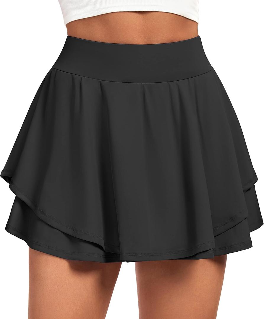 IUGA Tennis Skirt Pleated Skorts for Woman Double Ruffle Golf Skirts for Women Skort with Pockets Tummy Control Athletic (Large, Black)