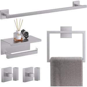 TQKAG 5-Pieces Brushed Nickel Bathroom Hardware Accessories Set 23.6" SUS304 Stainless Steel Towel Bar Set Wall Mounted Square Toilet Paper Holder with Shelf
