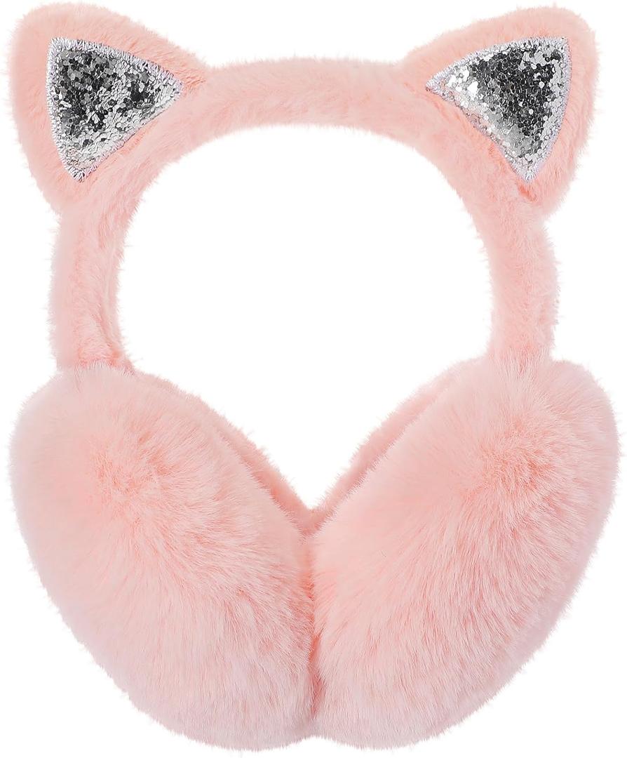 fauson Ear Muffs for Winter Women - Foldable Cat Ear Earmuffs for Women Faux Rabbit Fur Valentines Day Gifts for Her (Pink)