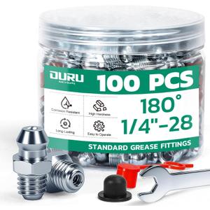 100PCS 1/4"-28 Grease Fittings Kit, SAE Zerk Grease Fittings Straight with Grease Fitting Caps & Wrench Kit(8mm) for Grease Gun