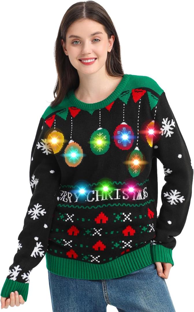 MGparty Ugly Christmas Sweater for Women 2025 Christmas Cute Light Up Sweaters Holiday Party Novelty Funny Pullover (Medium, Black)