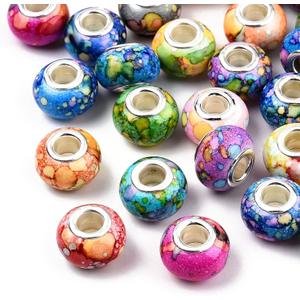 Beadthoven 100pcs Large Hole European Beads Watercolor Colorful Resin Rondelle Beads Charms with Silver Brass Cores European Charm fit Bracelet Necklace DIY Pens Jewelry Making Macrame Hair Braids