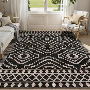 Lahome Bijou Moroccan Easy Jute Carpet, 5x7 Washable Rugs for Living Dining Room Indoor Outdoor Patio Rug, Farmhouse Non Slip Non Shedding Natural Black Carpet for Deck Backyard Entryway Classroom