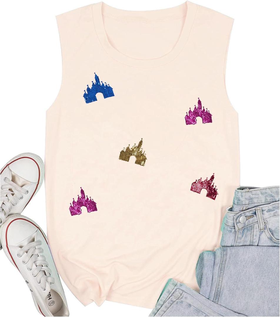 Magic Kingdom Tanks for Women Sequin Shirts Colorful Castle Graphic Sleveless Top Holiday Vacation Tank Tops (Small, Apricot)