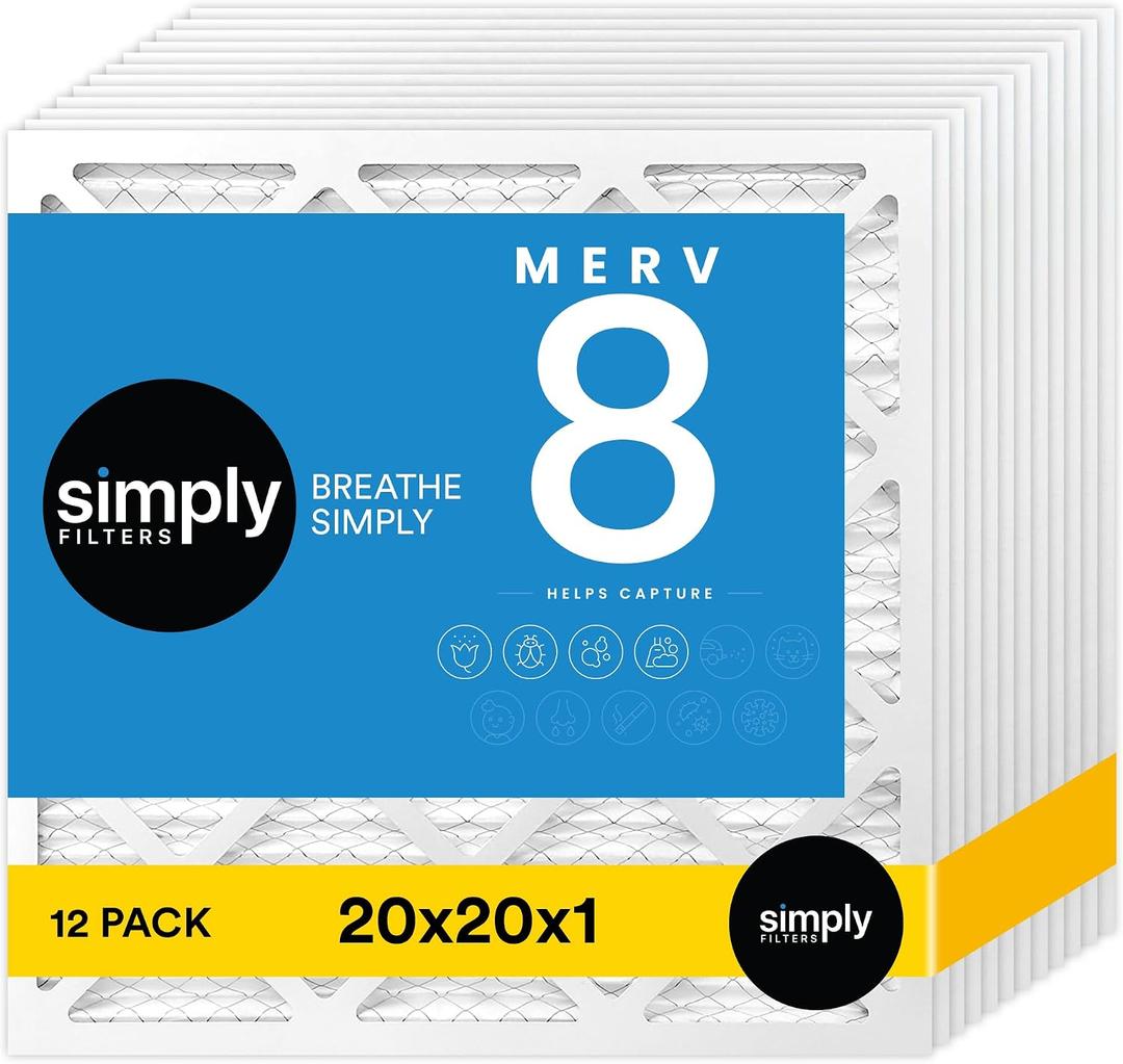 Simply 20x20x1 Air Filter, Merv 8, MPR 600, 12 Pack, Furnace Air Filter for HVAC (Actual Size: 19.75"x19.75"x0.75") DUST, Pet, & Allergy Control