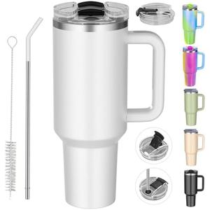 weisidi 40 oz Tumbler With Handle and Straw, Reusable Stainless Steel Insulated Water Bottle, Cupholder Friendly - Travel Mug Iced Coffee Cup for Hot-Cold Coffee and Beverages (White)