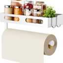 Paper Towel Holder Wall Mount for Kitchen, Paper Towel Holder with Shelf for Bathroom, RV Paper Towel Rack with 2 Hooks, White