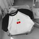 SweatyRocks Women's Color Block Cherry Graphic Tees Crop Top Summer Raglan Sleeve T Shirts (White, XS)