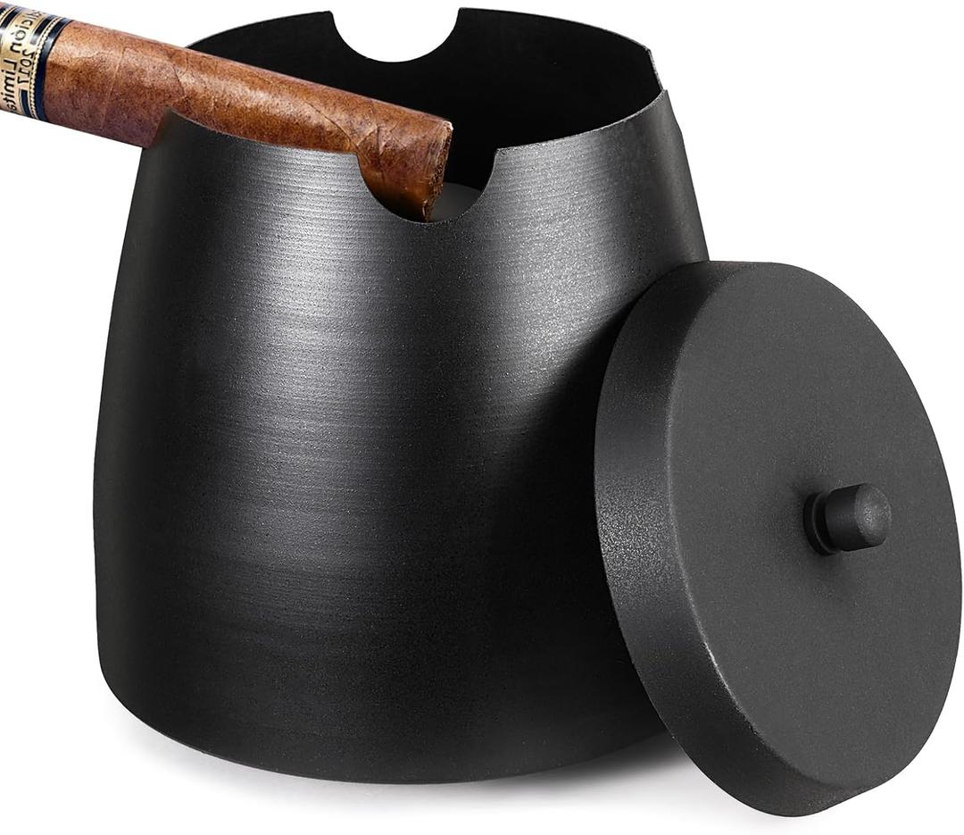 Cigar Ashtray with Lid for Outdoors Indoors Outside Patio Home Black Decor,Large Holder Ash tray Windproof,Cigar Accessories Gift for Men Dad Husband Boyfriend (Extra Large)