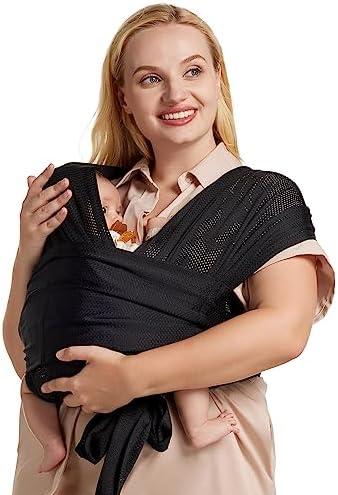 Momcozy Adjustable Buckle Baby Wrap Carrier Cooling Air-Mesh, Easy to Wear Baby Carrier Sling, Baby Carriers Newborn to Toddler 8-35lbs, Suit for Waist 30-47inch, Regular Black