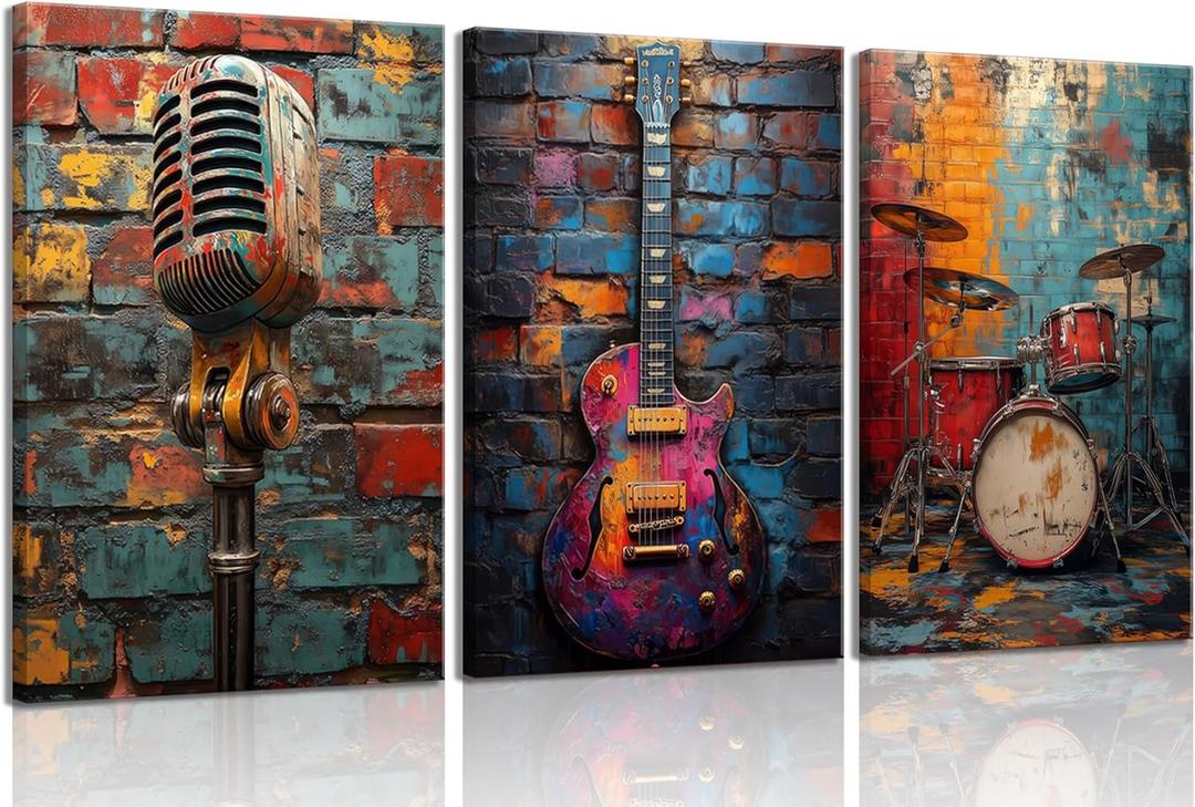 3Pcs Graffiti Musical Instruments Canvas Wall Art Cool Music Theme Posters Print Artwork Modern Colorful Room Painting Pictures Wall Decor for Studio Gallery Home Decoration 12x16In Framed