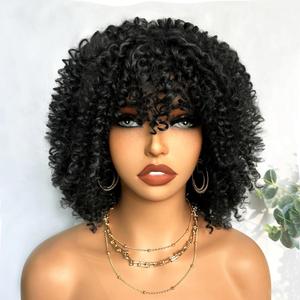 SOKU Short Curly Wigs with Bangs for Black Women Afro Kinky Curly Hair Wig Natural Black Synthetic Curly Afro Wigs 10 Inch Glueless Full Wig Afro Bomb Curly Hair for Daily Party