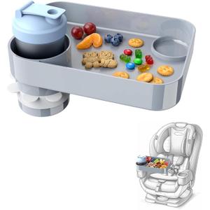 Car Seat Snack Tray for Kids, Mess-Free Square Travel Tray Cup Holder Snack Tray, Durable Car Food Tray for Toddlers, Universal Fit Kids Travel Road Trip Essentials (1, Grey)