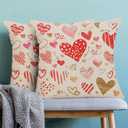 Valentines Pillow Covers 20x20 Inch 2 Pcs, Red Golden Love Heart Decorative Throw Pillows for Couch, Valentine's Day Anniversary Outdoor Decor Pillowcase Linen Cushion Cover for Bed Sofa