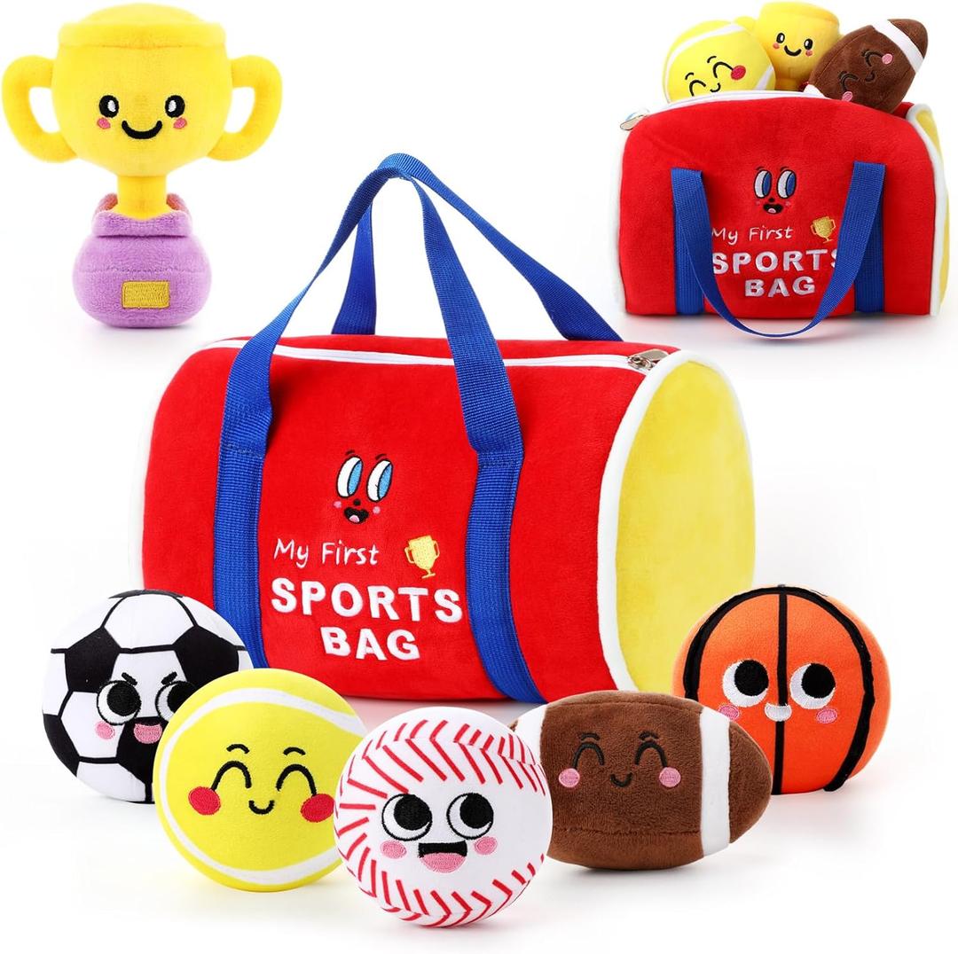 HyDren 7 Pcs My First Sports Bag Plush Toys Playset, Bulit-in Bell Sports Balls and Trophy for Kids Throwing Toys Gift for Boys Girls Early Education