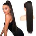 Flufymooz ponytail extension, 26 Inch Long Straight Drawstring Ponytail Hairpieces Fake Pony Tails Natural Soft Clip in Hair Extension pony Tail for Women (Black Brown)