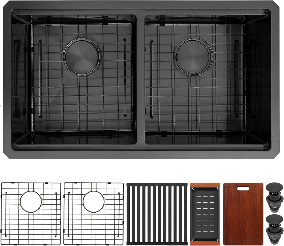 MILOSEN 32''x18'' Black Double Bowl Kitchen Sink, T304 Stainless Steel Undermount Workstation Ledge, 10'' Deep 50/50 Double Basin, Handmade Black Sink with Accessories