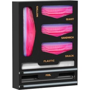 DALSHABET Bamboo Bag Organizer with Magnetic Closure, 6 In 1 Kitchen Drawer Foil and Plastic Wrap Dispenser with Cutter, Storage bag for Gallon, Quart, Sandwich, Snack Black