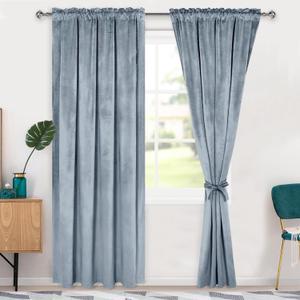 Hiasan Velvet Curtains 84 inches-Blackout Thermal Insulated Solid Soft Curtains for Bedroom Living Room Rod Pocket Room Darkening 2 Panels Window Drapes with Tiebacks, 52W x 84L, Stone Blue