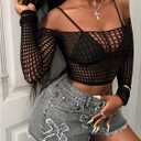 Floerns Women's Hollow Out Mesh Long Sleeve Crop Tops Off The Shoulder Y2k T Shirts (Black)
