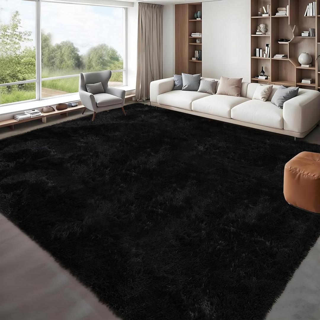 GarveeHome 9x12 Fluffy Area Rug- Shag Area Rug for Living Room, Shaggy Large Indoor Thick Living Room Carpet with Non-Slip Backing, Soft Plush Fuzzy Carpet for Bedroom, 9x12, Black