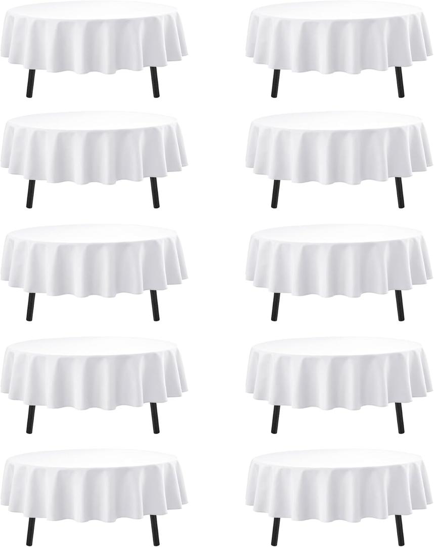 10-Pack White Round Tablecloths, 70 Inches, Stain-Resistant Polyester for 3-4 Ft Round Tables - Washable Table Covers for Weddings, Banquets, Birthday Parties, Events