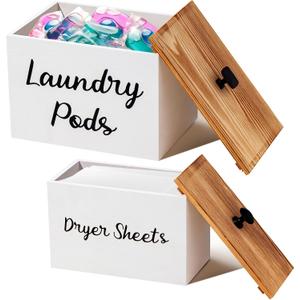 Dandat 2 Pcs Wood Rustic Laundry Dryer Sheet Holder Pod Container with Lid 8.7 x 6.3 x 6.4 Inch Laundry Pod Holder 7.3 x 3.7 x 5 Inch Dryer Sheet Dispenser Wooden Box Container(White)