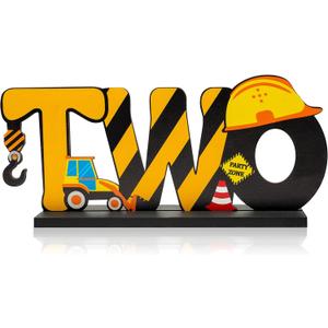 Haooryx Construction Truck Two Letter Sign Wooden Table Centerpiece for Boys, Two Years Old Baby 2nd Birthday Party Decorations, Construction Theme Party Supplies Baby Shower Decor Photo Props
