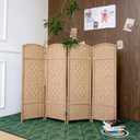 4-Panel Short Room Divider, 3.9 ft Freestanding Partition Wall, Light Brown Rattan Double-Sided Folding Screen for Living Room, Bedroom & Corner Privacy
