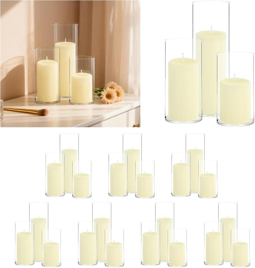 48 PCS Ivory Pillar Candles (2''X3,4,6) and Glass Cylinder Vases(2.6''X5,6,8),Hurricane Candles,Perfectly Sized for use as a Centerpiece Candle Decoration on Wedding Tables!