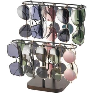 Mkono Sunglasses Organizer Glasses Holder Stand for 24 Pairs of Eyewear, 2 Tier Sunglass Storage Eyeglasses Display Rack Metal Frame with Wood Base for Table Desk Countertop Dresser Bedroom, Black