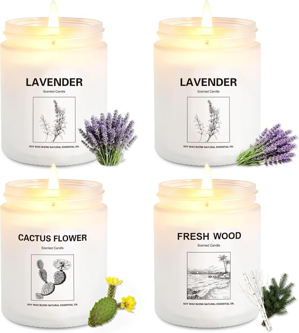 4 Pack Soy Wax Candle Gift Set  Long Lasting Aromatherapy Candles for Home, Lavender, Cactus Flower & Wood Scents, Natural Relaxing Spa Candles for Women