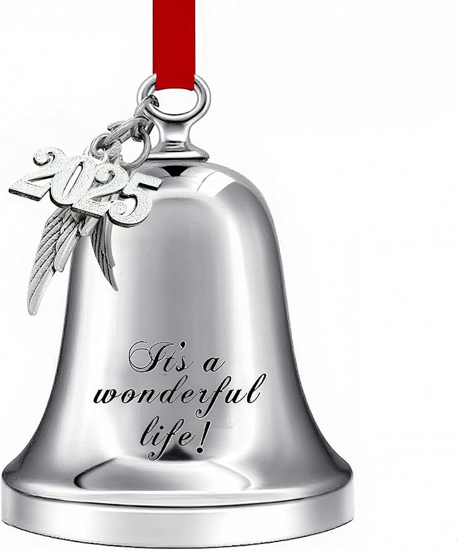 2025 Christmas Ornaments Bell Ornament with Red Ribbon Annual Christmas Tree Decoration Angel Bell Ornament with It's a Wonderful Life(Silver It's a Wonderful Life)