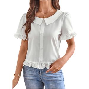 SweatyRocks Women's Ruffle Short Sleeve Button Front Blouse V Neck Collar Business Shirt (Medium, White)