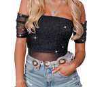 FEMLE Women Glitter Sheer Foldover Tube Tops Sparkly Off The Shoulder Mesh Ruched Puff Sleeve Strapless Top Concert Outfit Black
