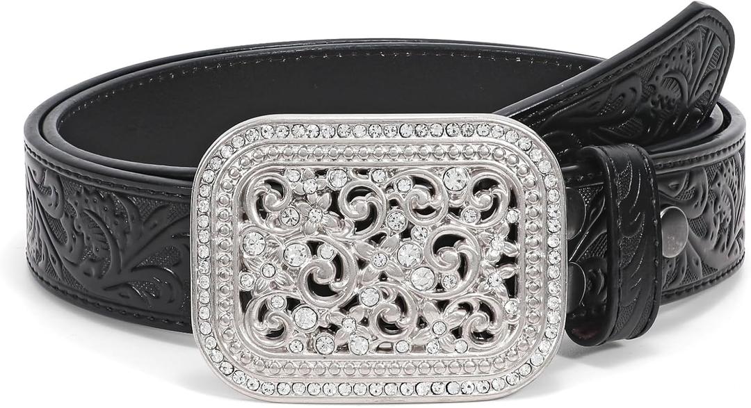 XZQTIVE Women Men Western Belt Vintage Country Belts For Cowgirl Cowboys Genuine Leather Belt with Silver Diamond Buckle