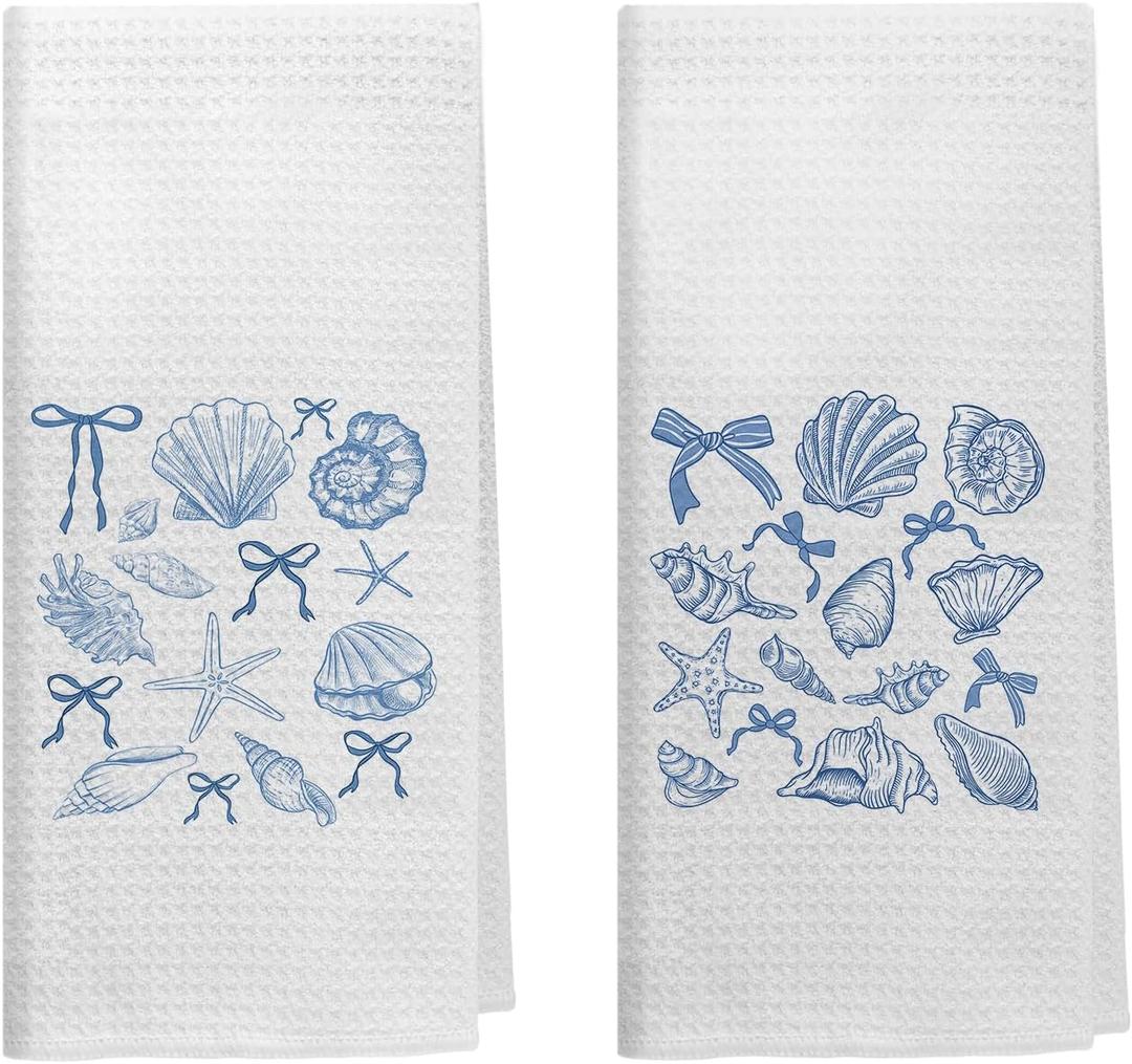 Blue Coquette Bow Seashell Beach Kitchen Towels, Preppy Coastal Beachy Dish Tea Towels for Kitchen Decor, Nautical Ocean Conch Decorative Hand Towels for Bathroom, 16x24 Inch Set of 2