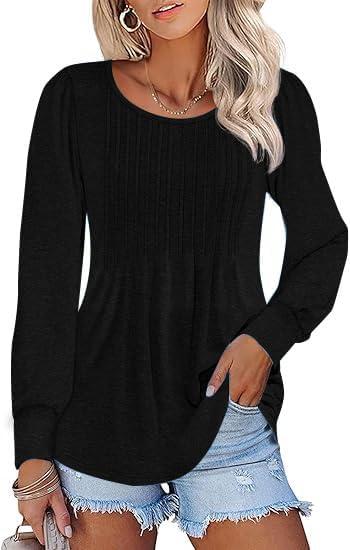 Womens Puff Long Sleeve Tunic Tops Pleated Scoop Neck Shirts Slim Fitted Elastic Business Casual Blouses (M)