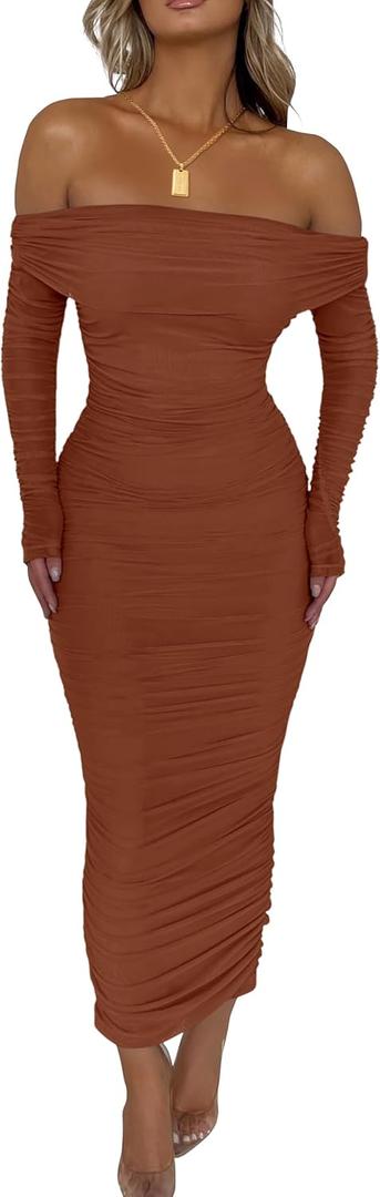 PRETTYGARDEN Women's Fall Off The Shoulder Maxi Dress Spring Long Sleeve Ruched Fitted Bodycon Club Dresses with Slit (Caramel, S)